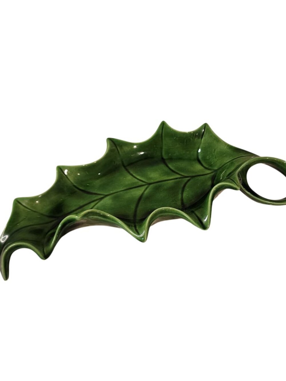 Vintage Green Holly Leaf Ceramic Serving Dish Bowl Handle Retro 1960s Christmas